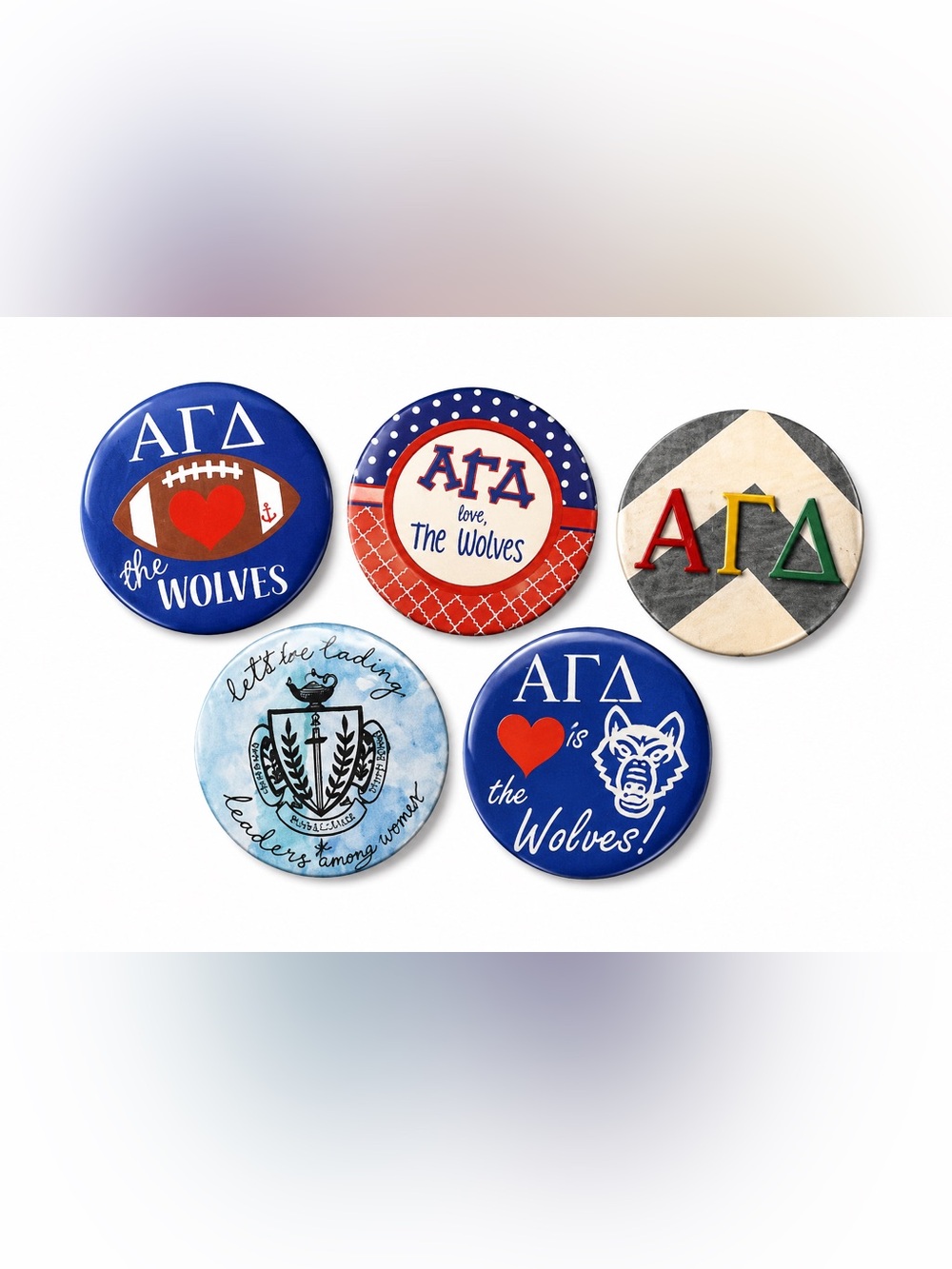 Alpha Gamma Delta AGD Sorority Button Pin Set of 5 Greek Life Accessories
